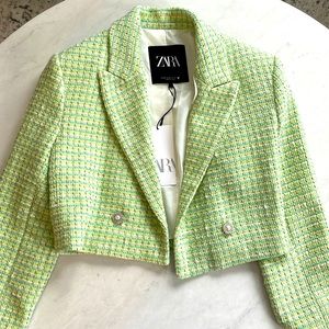 ZARA Green Tweed Cropped Blazer XS NWT
